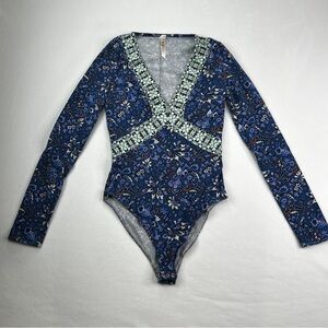 Free People Intimately No Where To Be Floral Bodysuit Blue Lace Trim V Neck